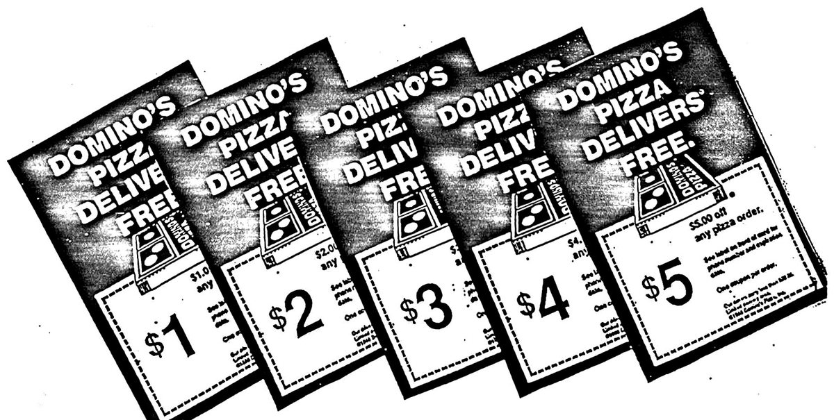 Five fanned sample Domino’s Pizza mailers offering $1, $2, $3, $4 and $5 off
