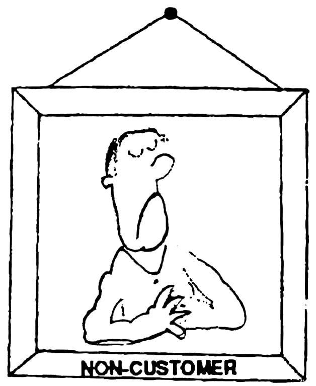 Framed portrait labeled Non-Customer: a disdainful man with arms crossed