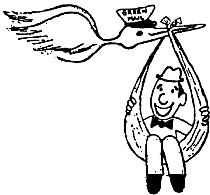 Stork in a GreenMail cap delivering a smiling man in a bundle