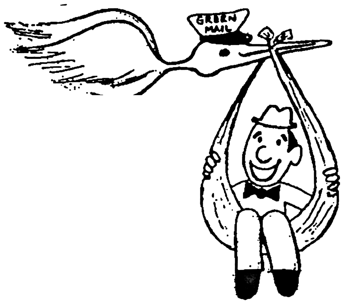 Stork in a GreenMail cap delivering a smiling man in a bundle